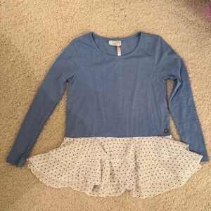 Matilda Jane 435 tween girl Blue Long Sleeve tunic Top with Polka Dot Ruffle